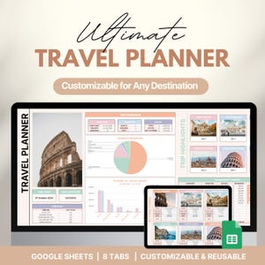 Pianificatore di viaggio Fogli Google, Itinerario di viaggio, Foglio di calcolo del budget, Tracker delle spese, Lista di imballaggio, Pianificatore delle vacanze, Modello digitale di Google