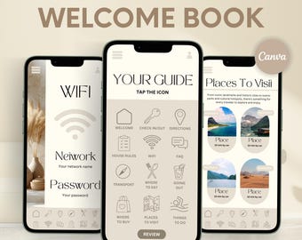 Paquete de libro de bienvenida para anfitriones de Airbnb: plantilla digital e imprimible para guía de alquileres a corto plazo (Canva)