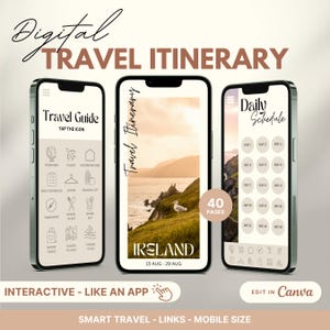 Puede incluir: Una plantilla de itinerario de viaje digital para Irlanda, diseñada para parecer una aplicación de teléfono. La plantilla incluye secciones de guía de viaje, horario diario e itinerario. La plantilla es personalizable y se puede editar en Canva. La imagen muestra una vista panorámica del campo irlandés.