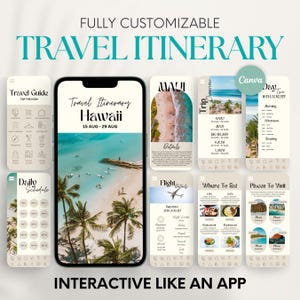 Puede incluir: Una interfaz de aplicación de itinerario de viaje digital con el texto "Travel Itinerary Hawaii" y fechas. La aplicación incluye secciones para guías de viaje, horarios diarios, detalles de vuelos y lugares para visitar. También se muestran las palabras "Fully Customizable" e "Interactive Like an App".