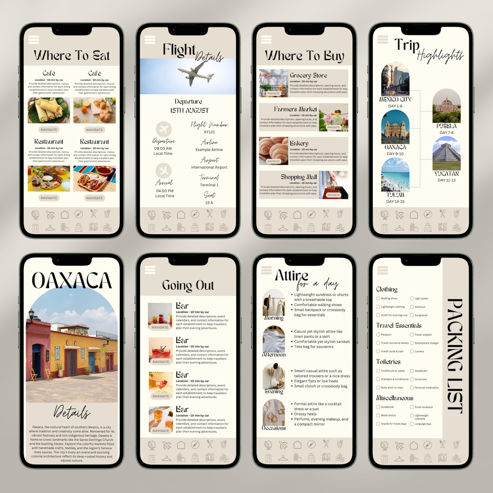 Mexico Bundle Travel Itinerary Digital Template Mobile Travel Planner