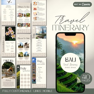 May include: A digital mockup of a mobile phone displaying a travel itinerary for Bali, Indonesia. The itinerary includes a list of places to visit, daily schedules, and accommodation details. The phone is surrounded by other digital mockups of travel itinerary pages, including a trip overview, places to visit, and accommodation details. The text "Travel Itinerary" is displayed in large, bold letters at the top of the phone screen. The text "Bali" is displayed in a circle on the phone screen. The text "40 Pages" is displayed in the bottom right corner of the image.
