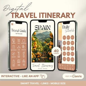 Modelo de itinerário de viagem para a Espanha, planejador de viagens digital, cronograma de viagens, guia turístico para a Espanha, marketing de férias, agente organizador de viagens de férias