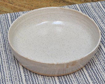 Large Gray 8 Inch Pottery Low Serving Bowl, Ceramic Handmade Pasta,  Warm Grey Speckled Glaze, Wide Bottom Flat Shallow Baking