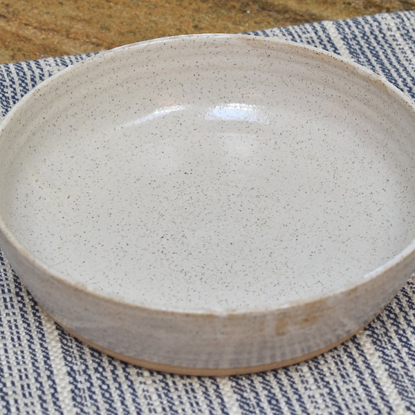 Large Gray 8 Inch Pottery Low Serving Bowl, Ceramic Handmade Pasta,  Warm Grey Speckled Glaze, Wide Bottom Flat Shallow Baking