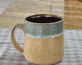 Handmade Ceramic 16 OZ Ounce Coffee Mug, Large Tea Cup, Pottery Tea Coffee Drinker Gift, Brown, Tan Sage Green