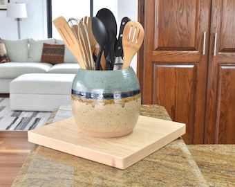Large Pottery Utensil Holder, Tan Sage Green Handmade Crock, 7 Inches