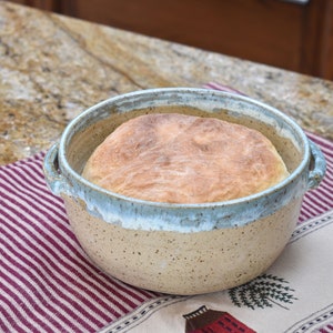 Pottery Bread Baker 7 by 3 1/2 Inch Bread Baking Bowl, Handmade Serving Bread Crock Handles, tan, sage green, Cooking Baking Gift, Loaf Pan image 3