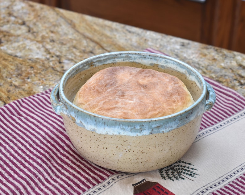 Pottery Bread Baker 7 by 3 1/2 Inch Bread Baking Bowl, Handmade Serving Bread Crock Handles, tan, sage green, Cooking Baking Gift, Loaf Pan image 3