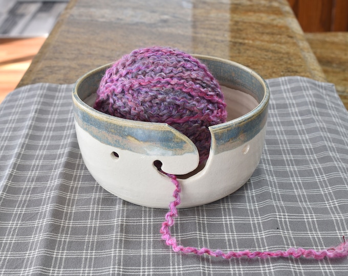 Handmade  Pottery Ceramic Knitting Yarn Bowl, White Blue Green Yarn Holder,  Stoneware Yarn Organizer,Ready To Ship