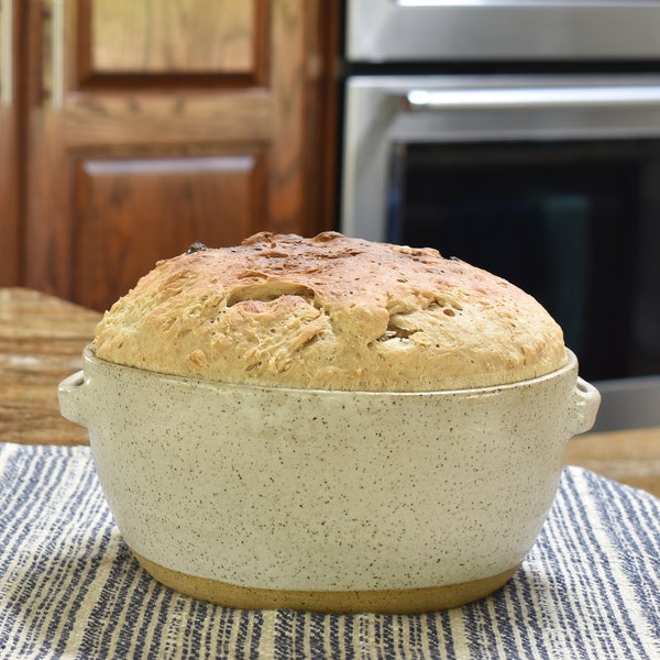 Pottery Bread Baker Bowl, 7 by 3 1/2 Inch  Baking Crock, Mothers Day Cooking Kitchen Gift, Serving Pan Handles, Handmade Ceramic