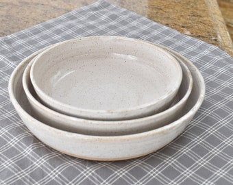 3 Nesting Pottery Bowl Set 7 -8 1/2 Inch, Handmade Medium Minimalist Clean Lines Ceramic Bowl, Medium Serving, Speckled Grey Pottery Prep