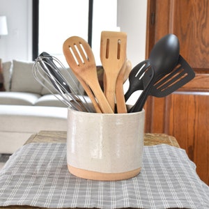 Pottery 5 Inch Speckled Gray Ceramic Utensil Holder, Handmade Stoneware Crock, Kitchen Storage, Spoon Jar image 1