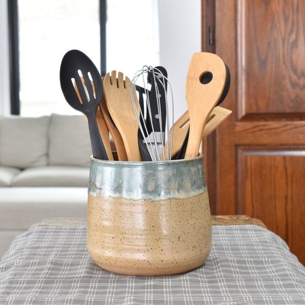 Pottery 5 3/4 by 5 1/2 Inch Utensil Holder, Tan Sage Green Handmade Crock