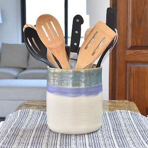 Pottery  Inch 6 Utensil Holder, Pottery Wedding Shower,  Blue Purple White Ceramic Crock, Kitchen Tool Spoon Jar, Handmade Tool Container