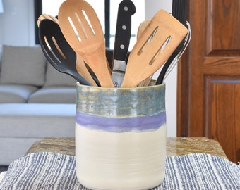 Pottery  Inch 6 Utensil Holder, Pottery Wedding Shower,  Blue Purple White Ceramic Crock, Kitchen Tool Spoon Jar, Handmade Tool Container