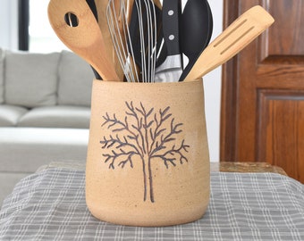 Large 6 3/4 Inch Cabin Utensil Holder,  Nature Wedding Gift Kitchen Storage, Handmade Stoneware Pottery, Housewarming  Tan Beige Brown