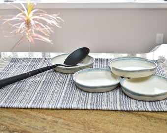 White and Blue Stoneware Pottery 5 x 5 Spoon Holder Rest, Large Stove Spoon  Rest, Pottery Ceramic Ladle Holder, Utensil Holder, Ladle Rest