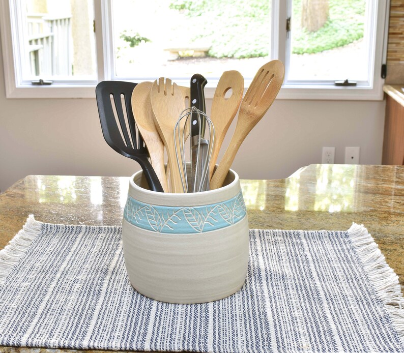Pottery Ceramic Kitchen Utensil Holder Blue White Utensil Etsy