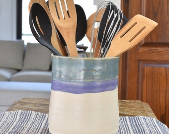 Ceramic 6 1/2 x 5 1/4 Inch Utensil Holder, Pottery White Blue Purple Crock, Kitchen Tool Spoon Jar, Kitchen Storage Handmade, Home Gift