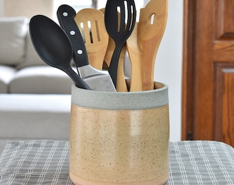 Pottery Utensil Holder 5 3/4 Inch, Large Beige Ceramic Utensil Crock, Speckled Gray Tan Utensil Jar, Spoon Holder, Kitchen Storage Gift