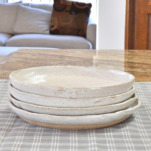 Pottery Plate Set, 7 to 7 1/4 Inch Four 4 Organic Handmade Irregular, Gray Speckled Minimalist, Dessert, Salad Side Plates, Ready Four Weeks