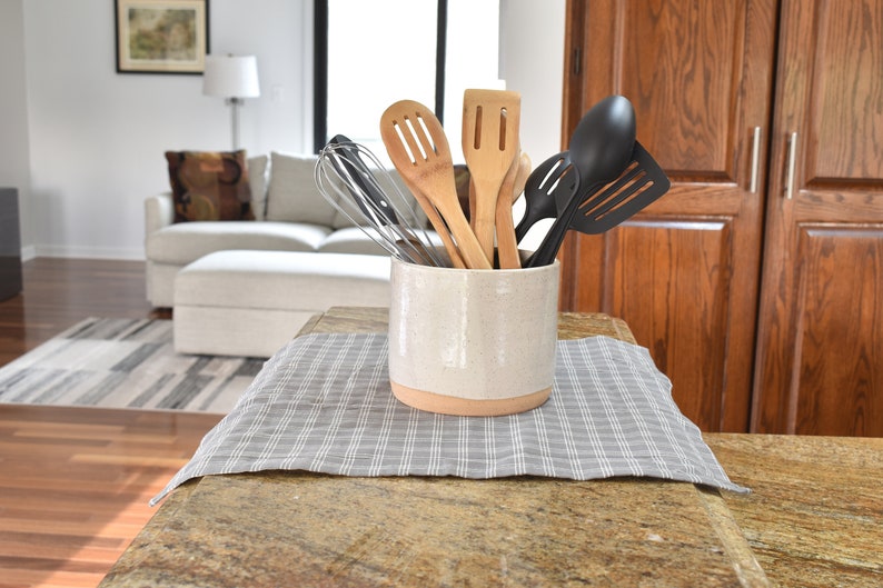 Pottery 5 Inch Speckled Gray Ceramic Utensil Holder, Handmade Stoneware Crock, Kitchen Storage, Spoon Jar image 3