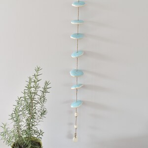 Wabi Sabi Long Narrow Vertical Aqua Blue Pottery Wall Art, Handmade Wind Chimes Pool Decor
