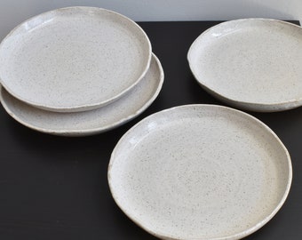 Pottery Plate Set, 7 1/4 Inch Four 4 Organic Handmade Irregular, Gray Speckled Minimalist, Dessert, Salad, Gift for Foodie, Kitchen, Natural