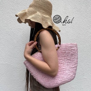 Raffia gewebte Einkaufstasche: Große Stroh Strandhandtasche mit Bambusgriffen