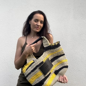 Bolso tote de rafia de crochet: bolso playero grande tejido con detalles de cuero