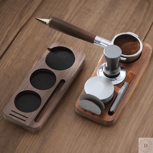 Espresso Tamper Mat Station & Portafilter Stand | Walnut Wood Base Rack for 58MM | Barista Coffee Accessories Holder