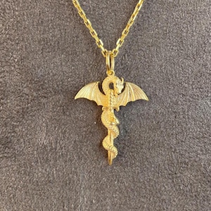 14K Real Gold Dragon Sword Pendant, Dragon Necklace For Men, Fantasy Sword Jewelry, Dragon Charm, Gift For Him, Knight Men and Women