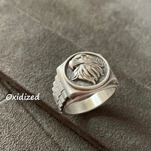 Eagle Head Ring, Sterling Silver Eagle Ring for Men, Statement Ring, Engraved Birds Ring, American Eagle Gift, Seal Ring