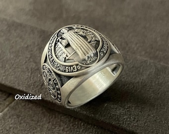 Saint Benedict Ring, Sterling Silver St Benedict Unique Men Ring, Religious Jewelry, Catholic Jewelry, Cross Exorcism, Signet Ring for Men