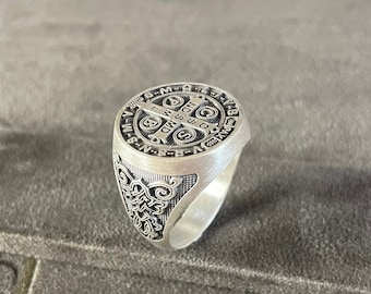 Saint Benedict Signet Ring, Sterling Silver Cross Exorcism Men Ring, St Benedict Amulet for Devotees, Spiritual Jewelry, Catholic Gift