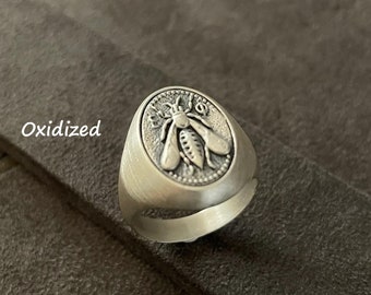 Anillo de sello de abeja, anillo de abejorro de plata 925, abeja sagrada de la antigua Grecia, símbolo sagrado