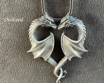 Zwillingsdrachen Herz Anhänger, Sterling Silber Drachen Anhänger der Liebe, Gothic Schmuck
