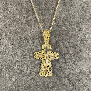 14K Echtgold Vintage Lacy Jesus Kreuz Anhänger, Kruzifix Halskette, religiöses Geschenk, Rose Gold Kreuz Halskette, handgemachtes Geschenk für Frauen