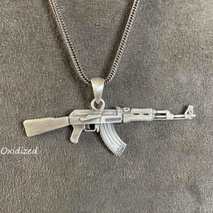 Sterling Silver AK47 Rifle Pendant Necklace, Oxidized Combat Style Jewelry image 1