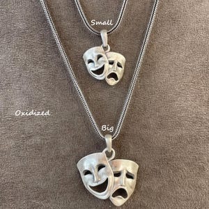 Comedy and Tragedy Pendant, Sterling Silver Mask Necklace, Theater Gift, Symbol of Drama, Gifts For Him, Christmas Jewelry