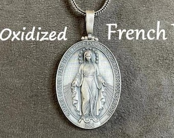 Virgin Mary Pendant, Silver Double Sided 12 Stars Holy Mother Medallion, Christian Jewelry, Miraculous Medal, Unique Men&#39;s Necklaces