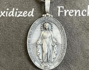 Virgin Mary Pendant, Silver 12 Stars Holy Mother Miraculous Medallion, Christian Jewelry, First Communion