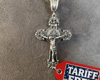 Crucifix Cross Pendant, Silver St Benedict Jesus Necklace, Religious Jewelry, Catholic Gift, Rosary Necklace
