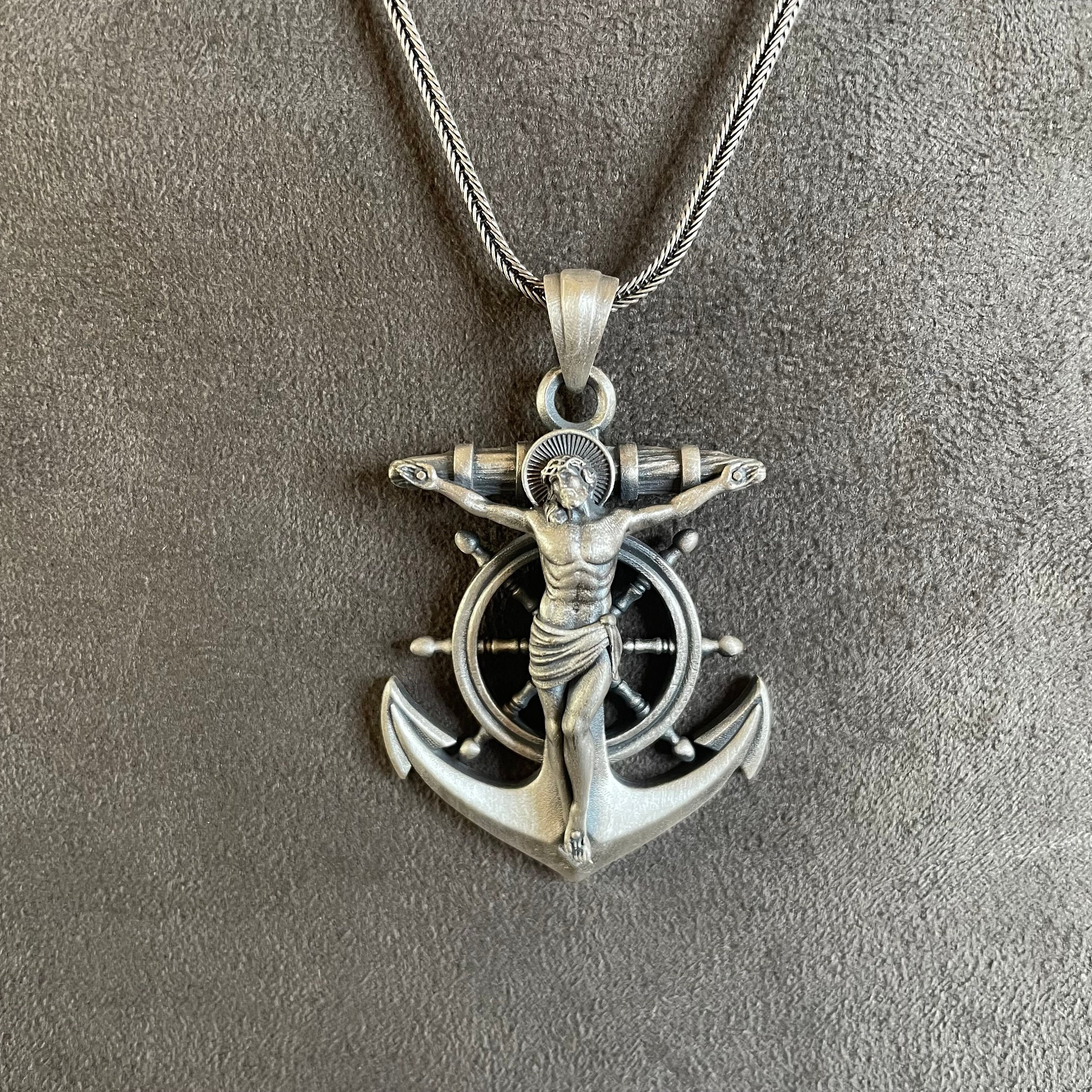 Jesus Cross Anchor Pendant, Sterling Silver Jesus Sailor