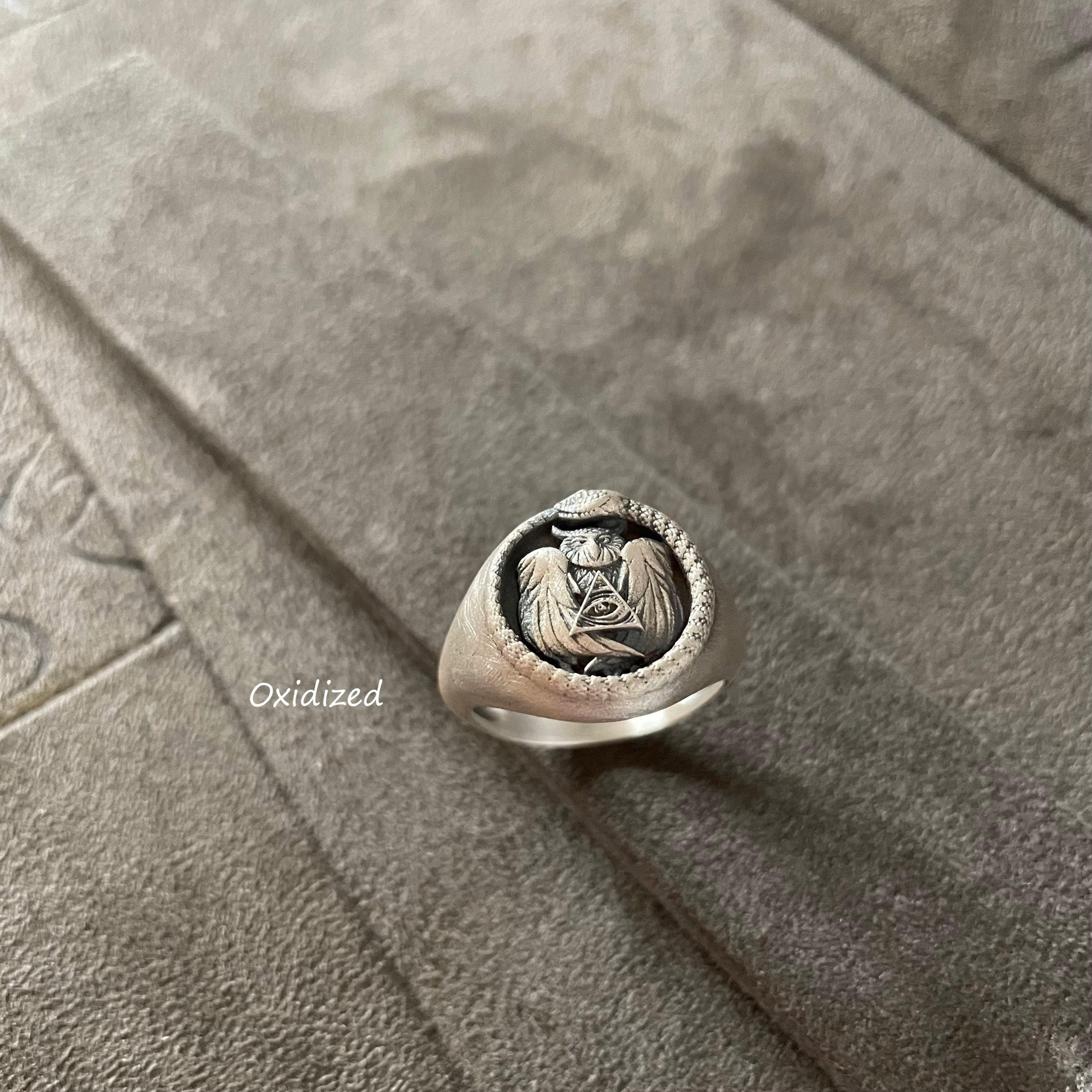 Sterling Silver Eye Of Province Owl Ring, Animal Snake Jewelry, Handmade Illuminati, Masonic Ring