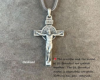 St. Benedict Crucifix Pendant, Crucifix Necklace, Handmade St. Benedict Exorcism Cross, Engraved Benedict Medal, Protection Gift For Men