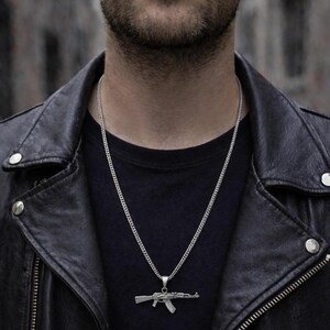 Sterling Silver AK47 Rifle Pendant Necklace, Oxidized Combat Style Jewelry image 2