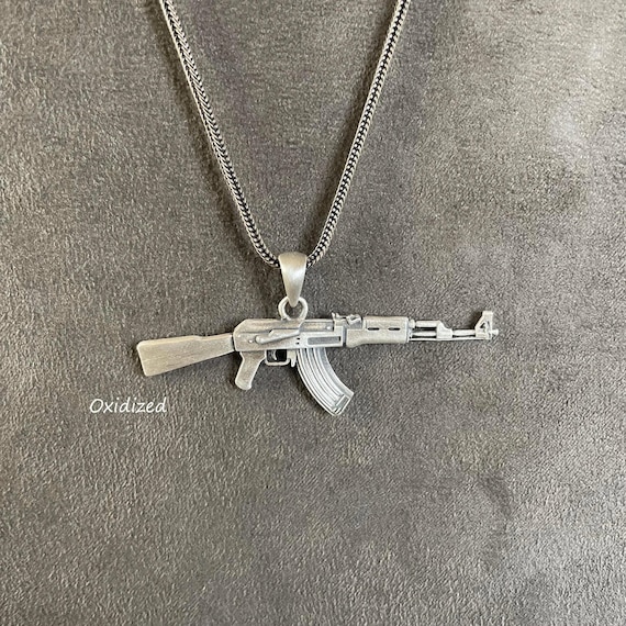Sterling Silver AK47 Rifle Pendant Necklace, Oxidized Combat Style Jewelry