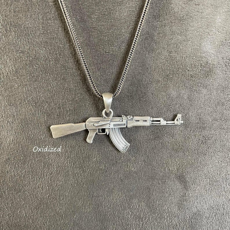 Sterling Silver AK47 Rifle Pendant Necklace, Oxidized Combat Style Jewelry image 1